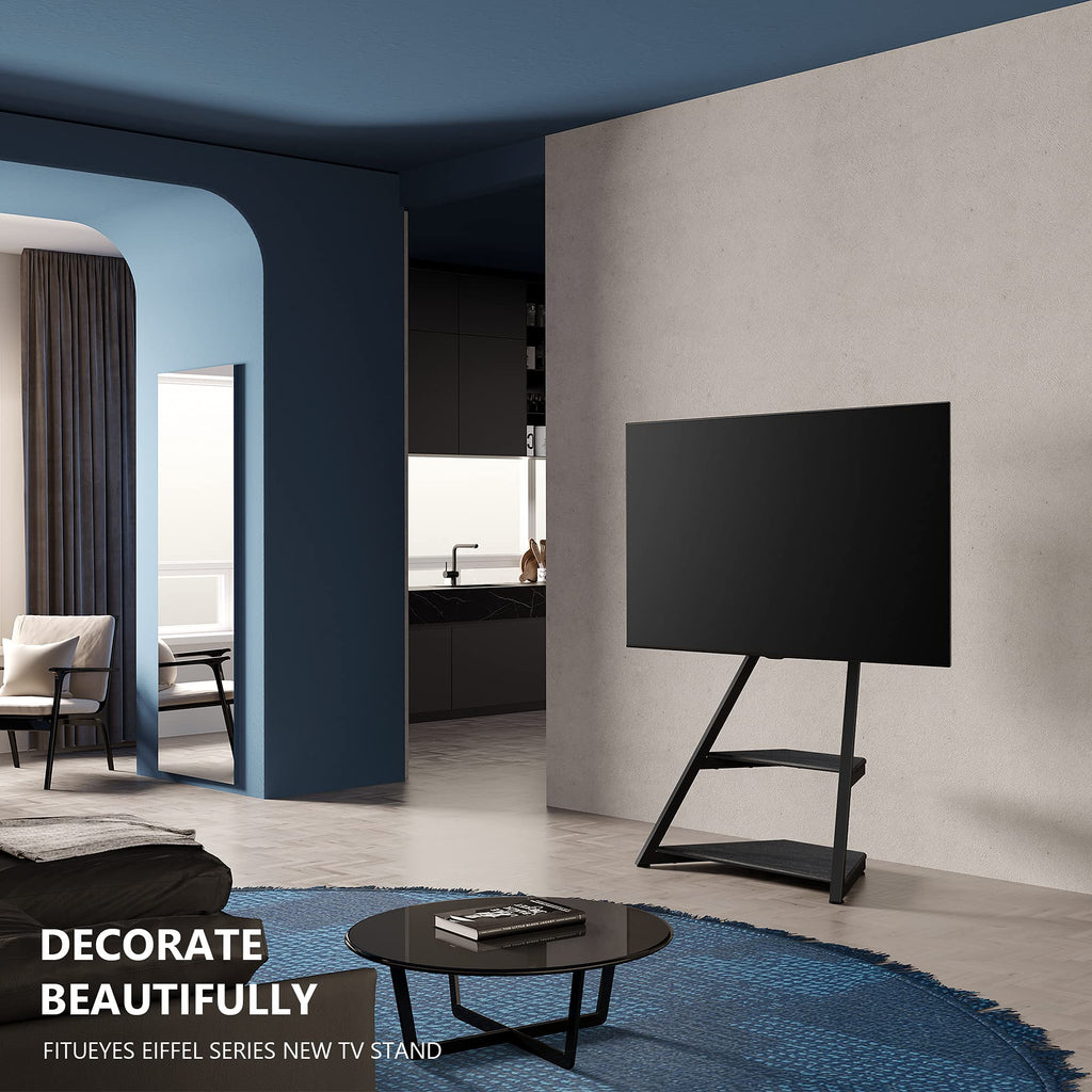 Corner TV Stand for 43-75" TVs with Wooden Storage Shelves, Black