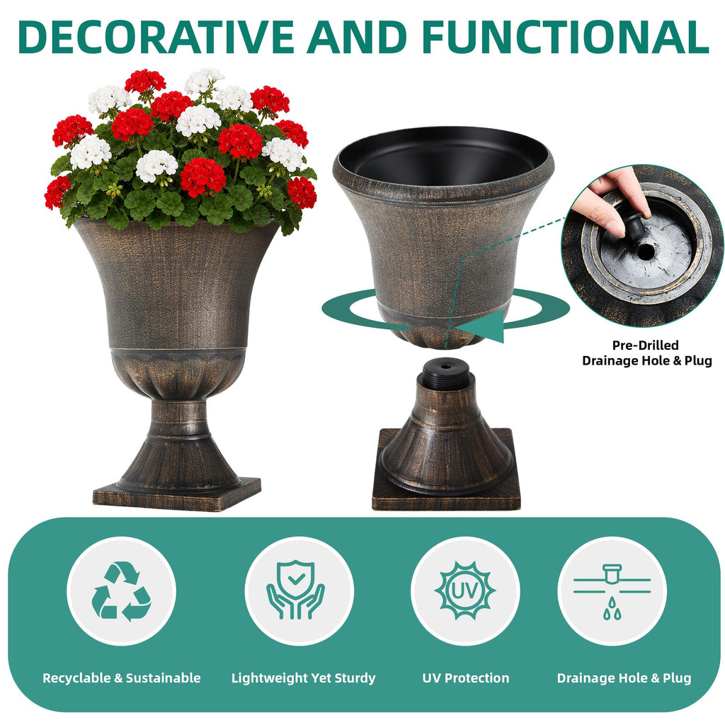 22" Tall Urn Planters Set of 2 Large Flower Pots, Antique Bronze