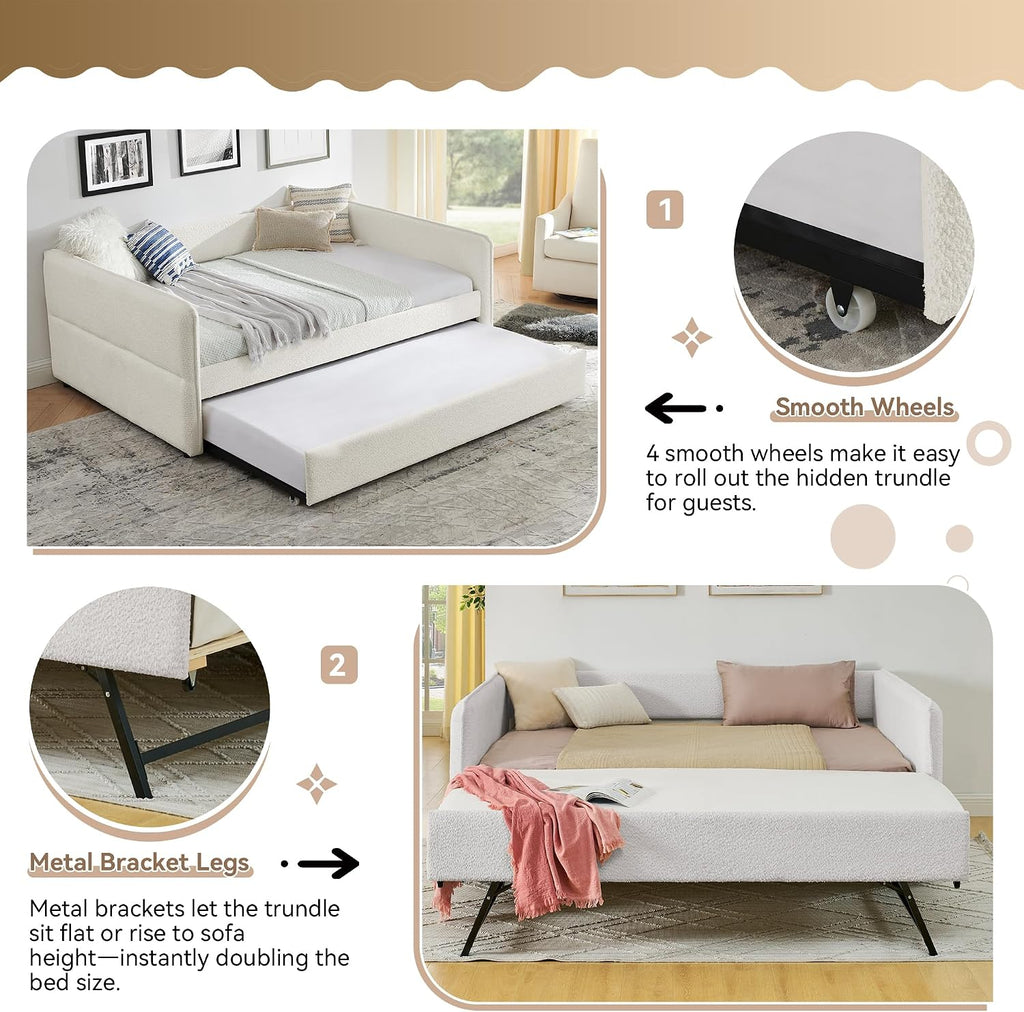 Twin Size Daybed with Pop Up Trundle, Boucle Upholstered Daybed with Trundle, Twin Size Sofa Bed with Tufted Design