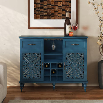47.2" Vintage Wine Bar Cabinet with 2 Hollow Carved Door, Antique Liquor Cabinet with 9 Wine Racks and Glass Holder