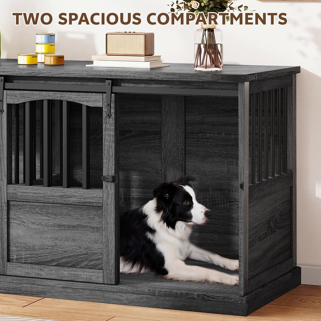 Double Dog Crate Furniture, Extra Large Dog Kennel with Barn