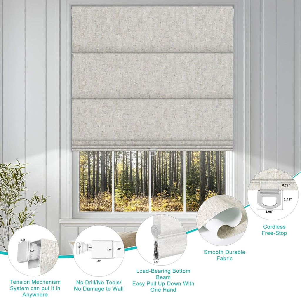 No Drill Cordless Roman Shades for Window, Blackout Roman Blinds Room Darkening Pull Down Blinds Easy Install Linen