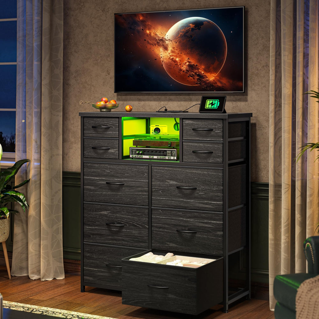 10-Drawer Tall Dresser, LED & Charging Station, Black