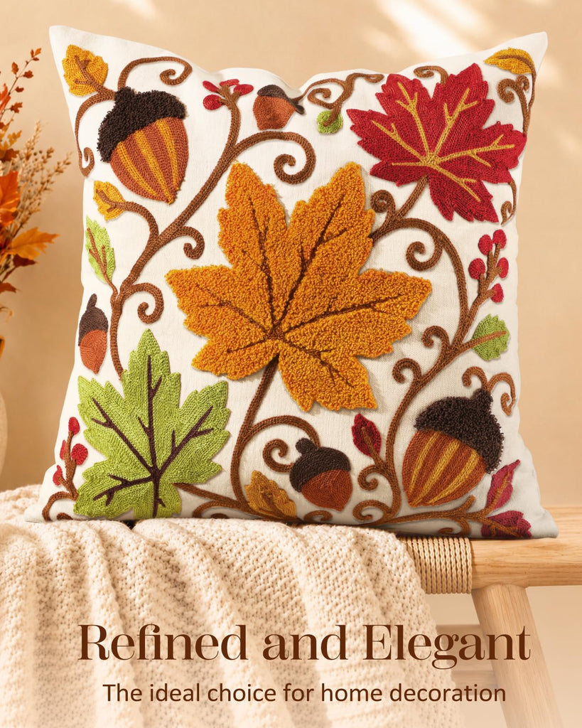 Fall Embroidered Throw Pillow Cover 18x18 Inch, Maple Acorn