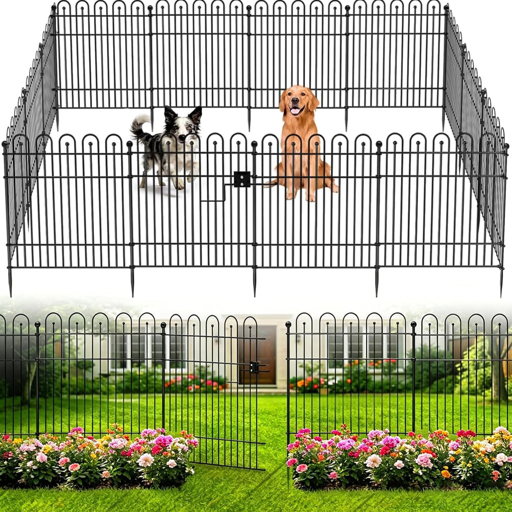 Garden Fence Animal Barrier with Gate, 32 in (H) x23.6ft (L) Decorative Garden Fence, 10 Panels No Dig, Rustproof