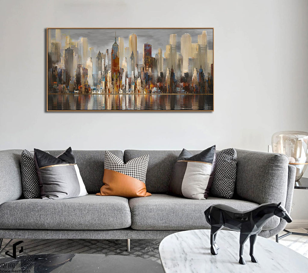 Abstract Modern Canvas Wall Cityscape New York Wall Decor City Theme Paintings Brown Framed Pictures Office Artwork