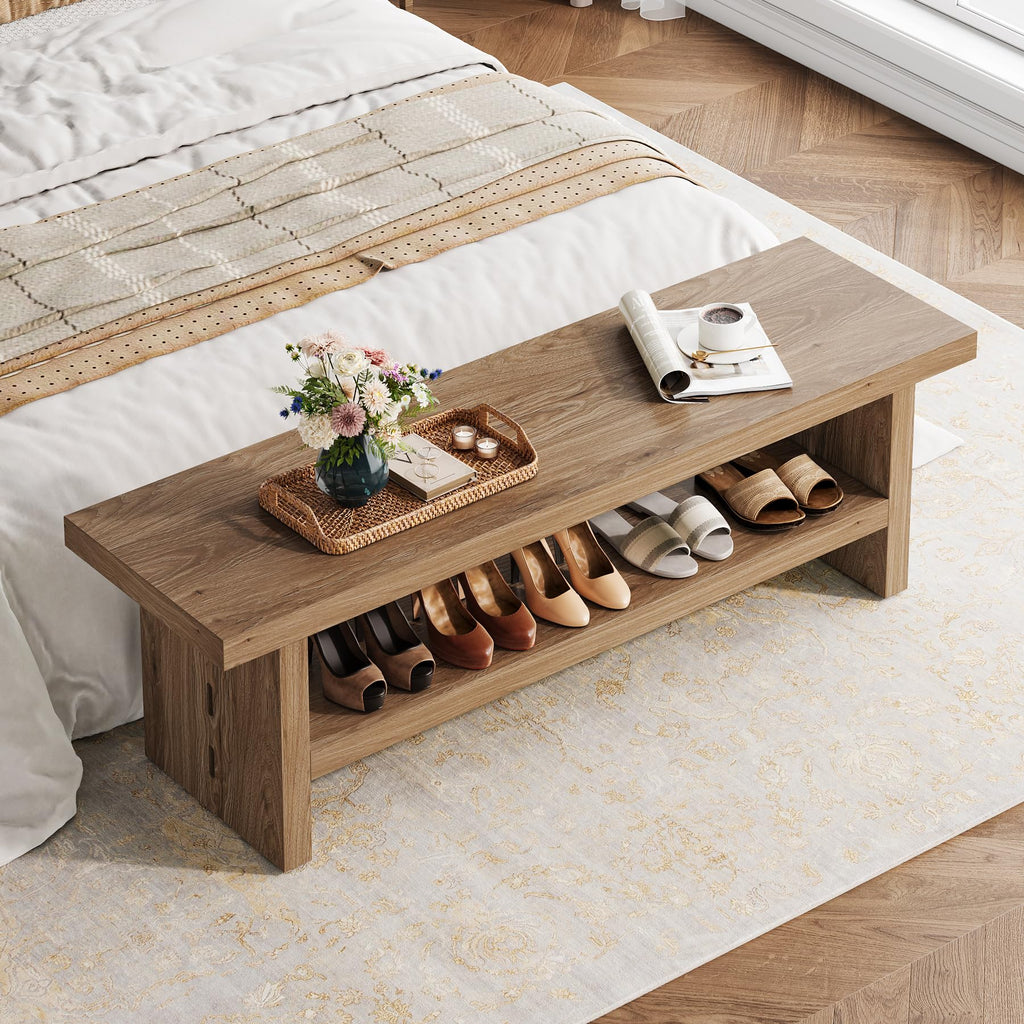 47" 2-Tier Wooden Entryway Bench with Shoe Storage, Oak Color