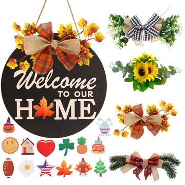 Interchangeable Welcome Sign for Front Door Decoration with 4 Seasonal Wreaths and 14 Holiday Icons, Black Welcome