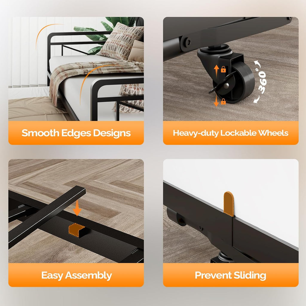 Daybed with Trundle Twin, Metal Daybed Frame with Pop-up Trundle Bed and Charging Station,Day Bed with Wooden Storage