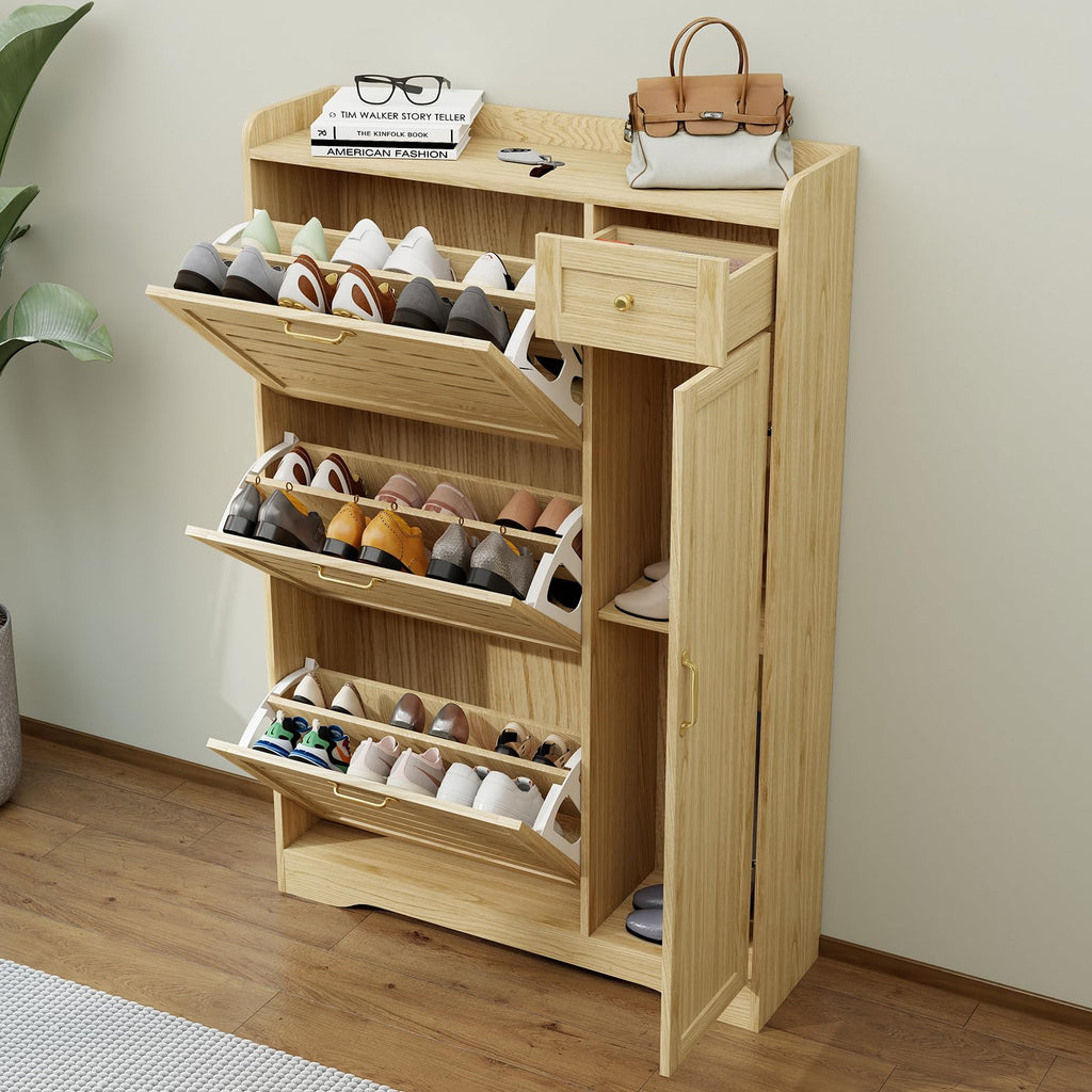 Shoe Cabinet Storage, Shoe Storage Cabinet with 3 Flip Drawers, Drawer & Adjustable Shelves, Slim Shoe Organizer