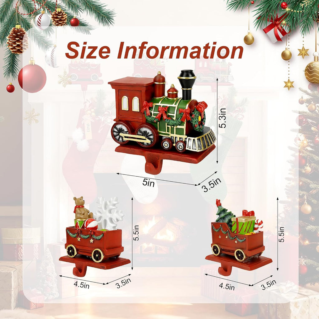 Christmas Train Stocking Holders for Mantle with Hook Set of 3, Red Cast Iron Weighted Stocking Hooks,Heavy Duty