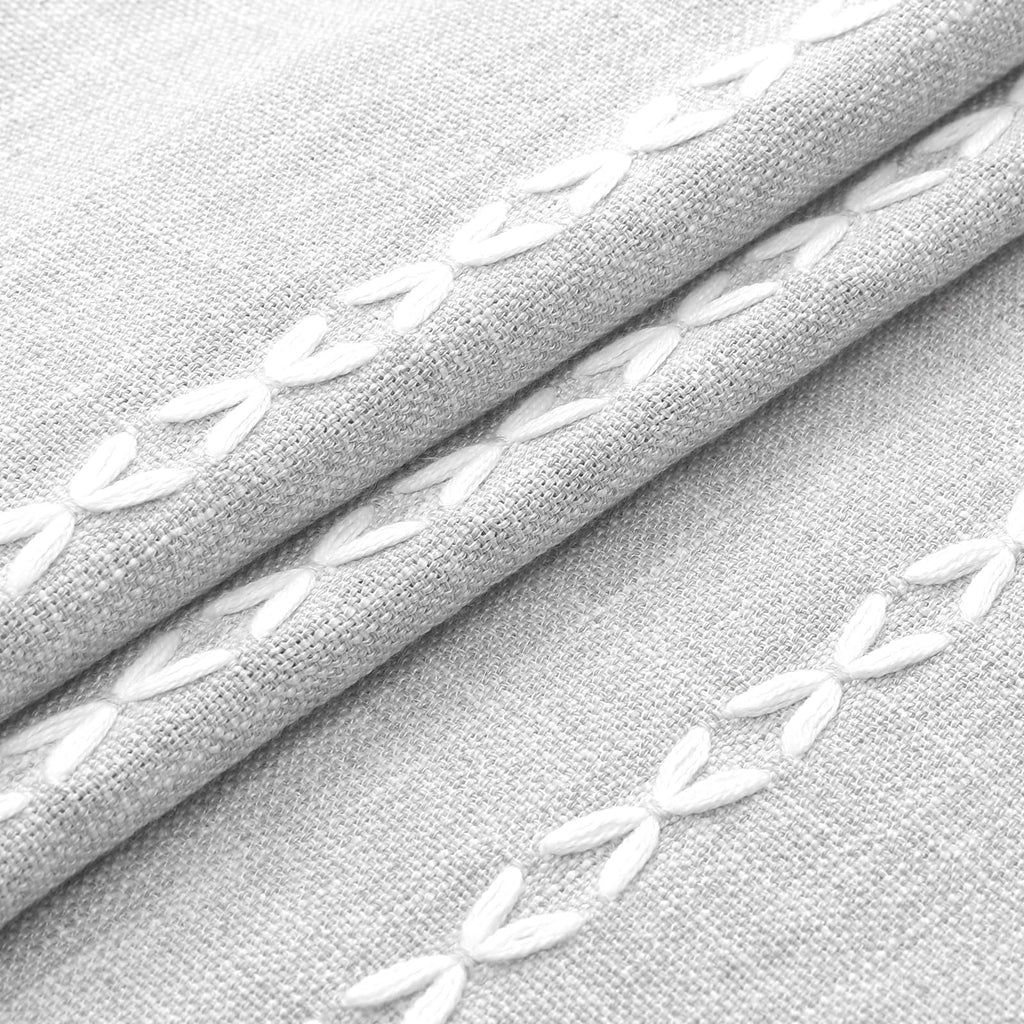 Farmhouse Tassel Linen Shower Curtain, 3D Embroidery Stripe Light Grey, 72x96