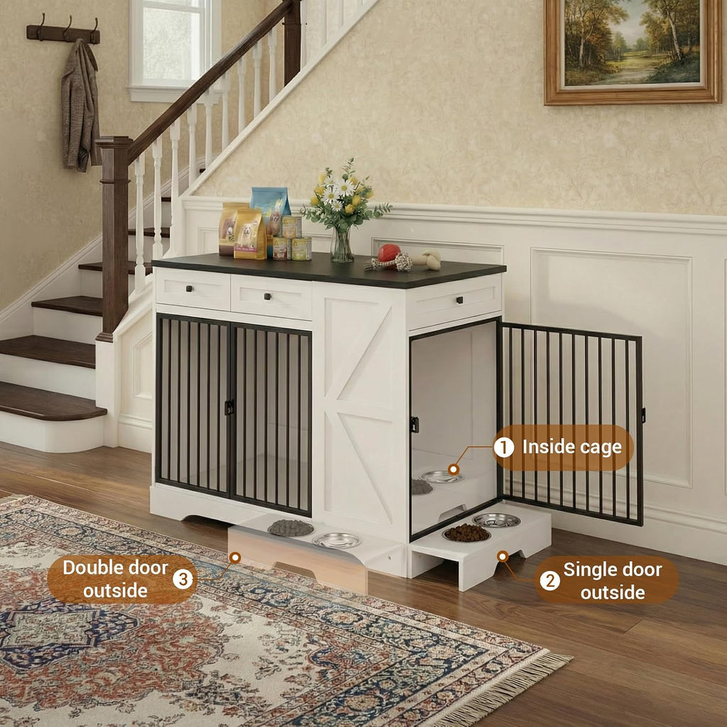 Large Dog Crate Furniture with Storage, Indoor Dog Kennel with 3 Drawers & 2 Feeding Bowls, Furniture Style Wooden