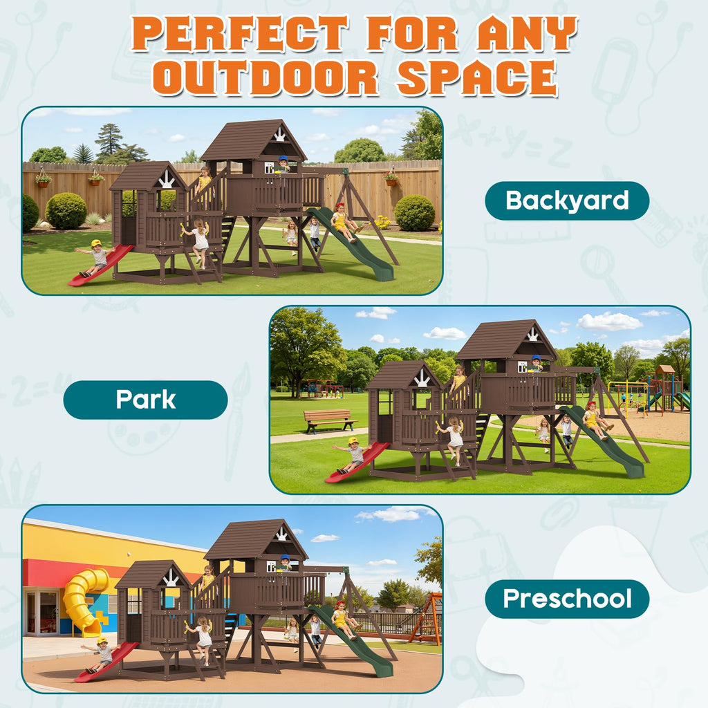 Wooden Swing Set for Kids with Double Towers