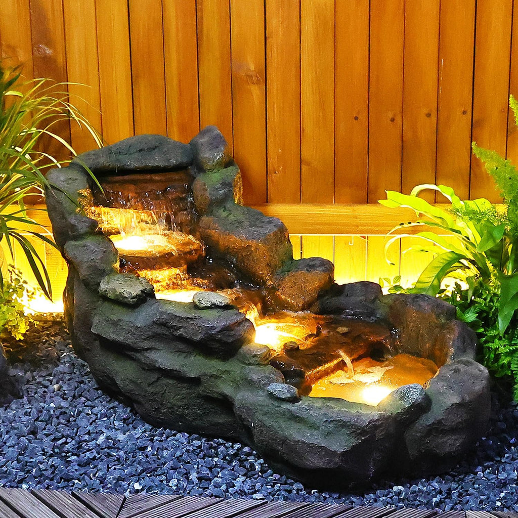 42.1" L Garden Water Fountain Outdoor, Floor Standing Mutiply Tiered Rock Outdoor Fountains with LED Lights and Pumps