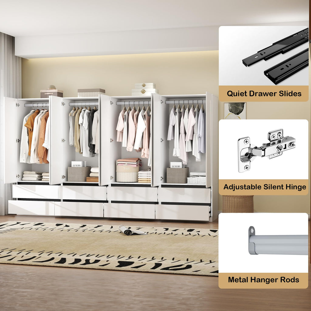 White Armoire Wardrobe Closet with 8 Drawers: 75" H x 126" W