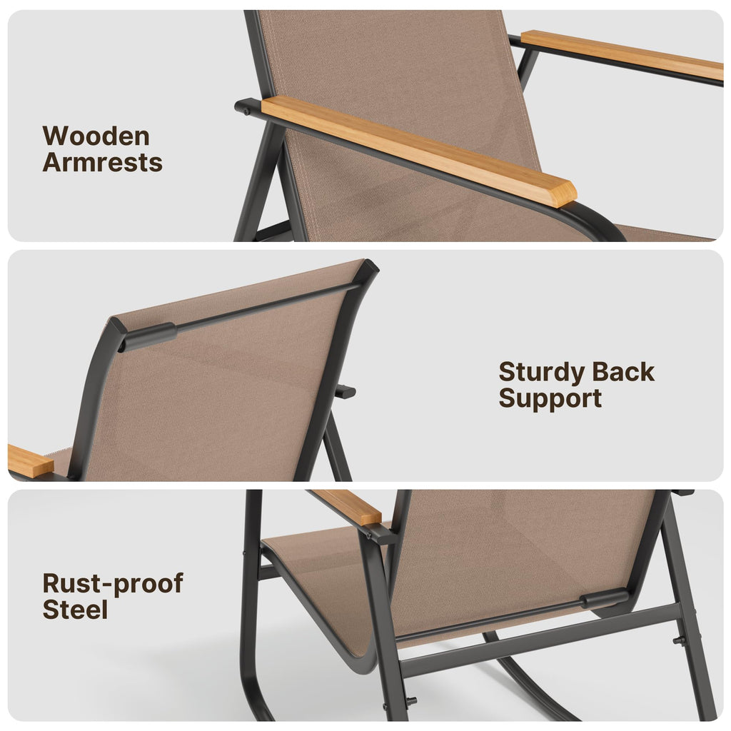 4-Piece Textilene Outdoor Patio Furniture Set Rocking Bistro, Tan