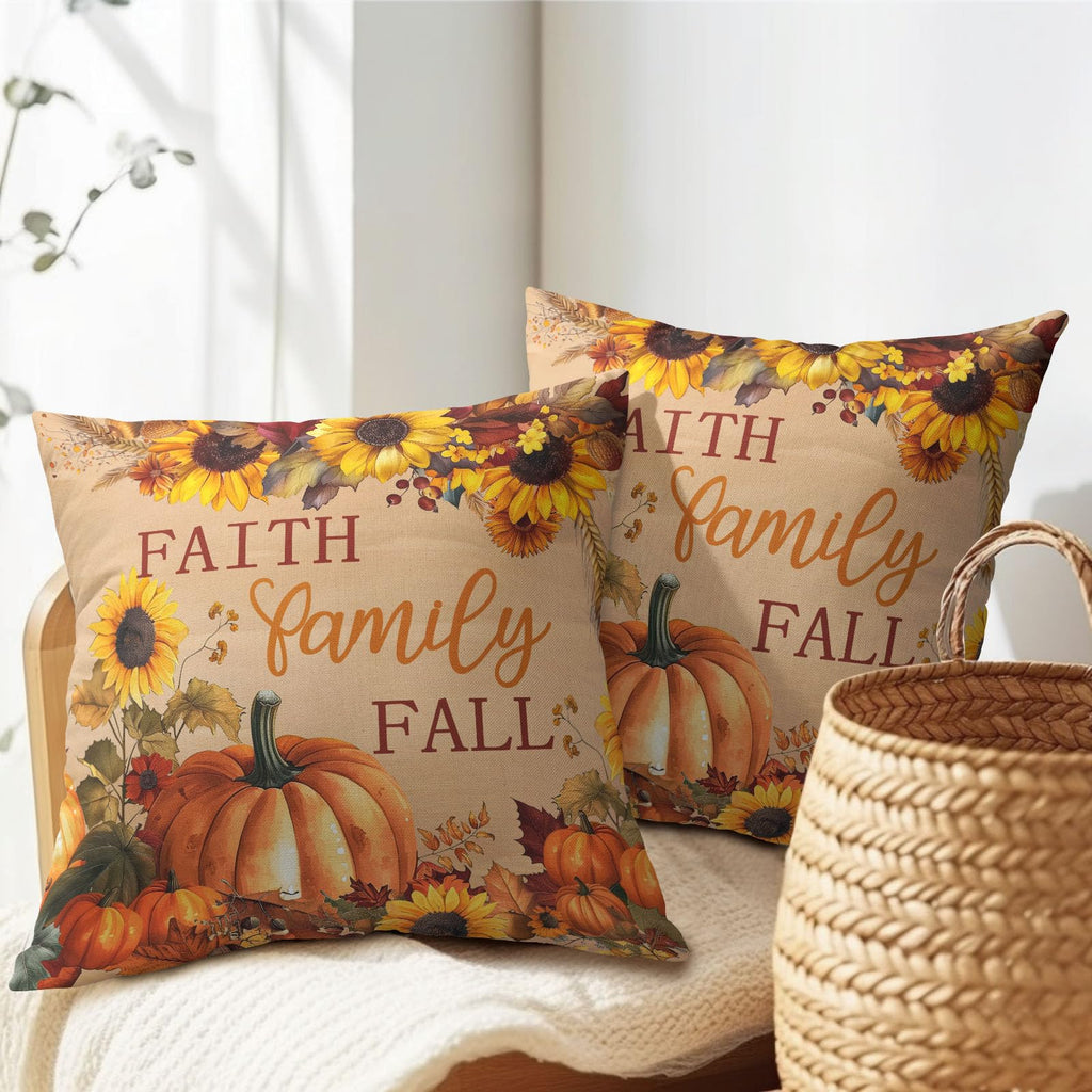 Faith Family Fall Pumpkin Pillow Covers 12x12 Inches Autumn Sunflowers Throw Pillow Case Set of 2 Pillows Cotton