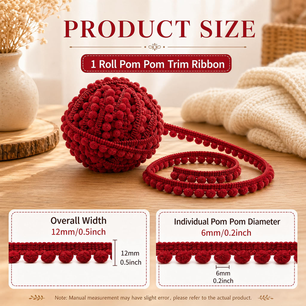 Pom Trim Ribbon, Red 1/2 Inch Pom Ball Fringe Lace Trim - 8.5 Yards