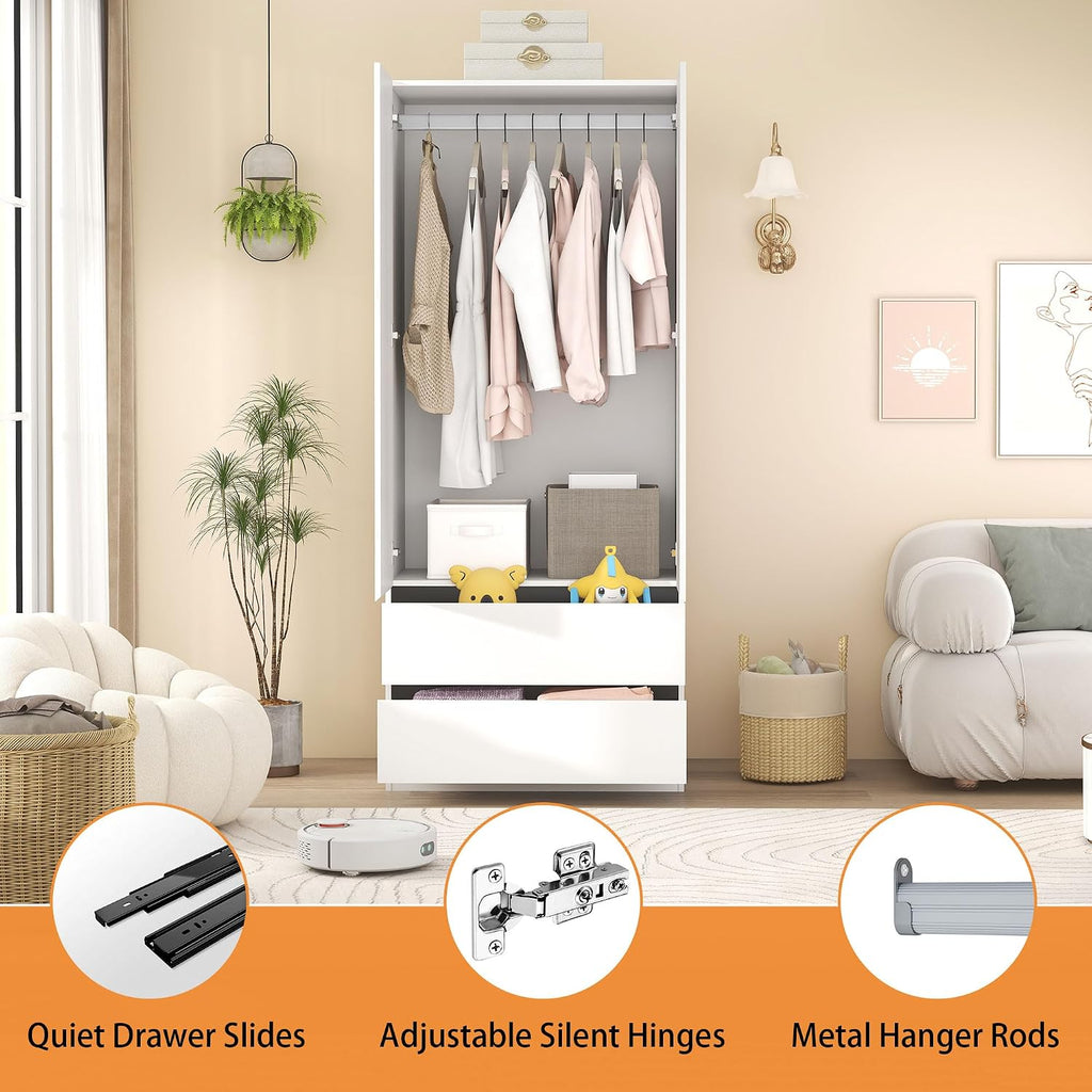 Armoire Wardrobe Closet with Drawers:75" Large White Wardrobe Closet Cabinet with 4 Doors for Hanging Clothes, Modern
