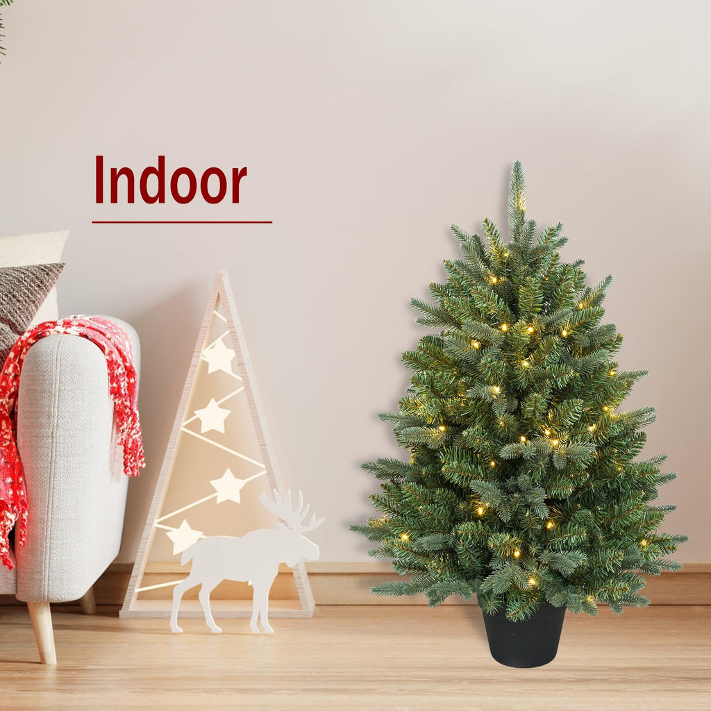 3Ft Pre-Lit Artificial Christmas Tree Tabletop with 70 Warm Lights Battery Operated, Greenery Potted Christmas Tree