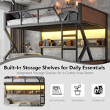 Queen over Queen Bunk Bed with Storage Shelves, Metal Bunk Beds with Ladders and LED Lights