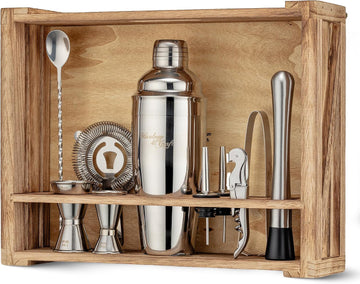 Rustic Cocktail Shaker Set - Includes Wood Stand, Complete Barware Kit with 24 Oz Shaker, Dual Jiggers, Pourers - Set of 11