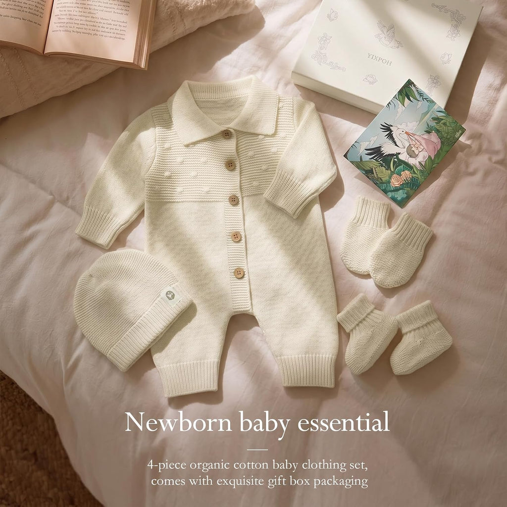 Cotton Baby Sweater Knit Romper Newborn Infant Outfit Hat Mittens Booties