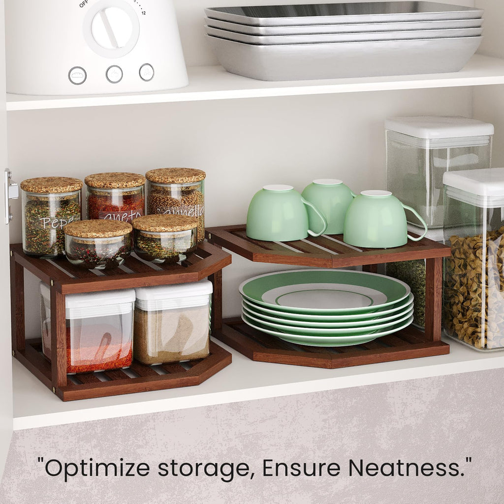 2 Tier Bamboo Corner Shelf 3 Pack Plate Organizer Kitchen(Brown)