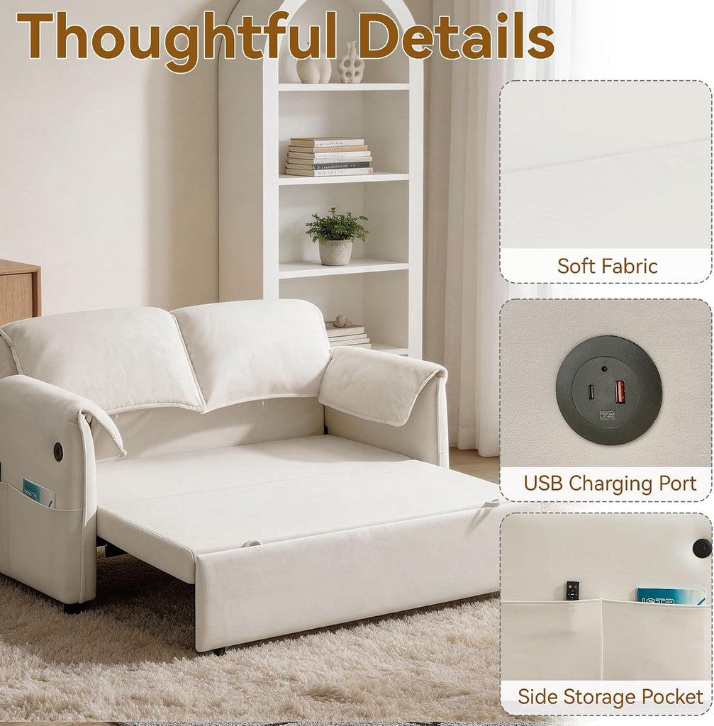 63" 3-in-1 Velvet Convertible Sleeper Sofa Bed, Modern Adjustable Backrest Loveseat Pull Out Couch with USB & Side