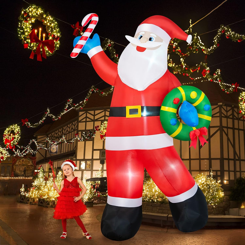 12FT Christmas Inflatables Santa Claus Outdoor Decorations, Giant Blow Up Santa Holding Garland Yard Decorations