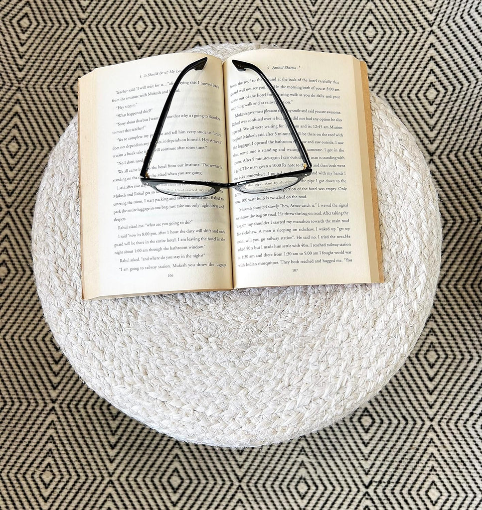 Jute Pouf Ottoman | Footrest Pouf | Hand Braided - Round Boho Pouffe - (18"x18"x12") Ivory