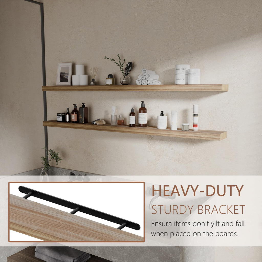 60 inch Long Floating Shelves for Wall, Solid Wood Long Shelves Set of 2, Brown Rustic Mounted Shelves Bedroom Home