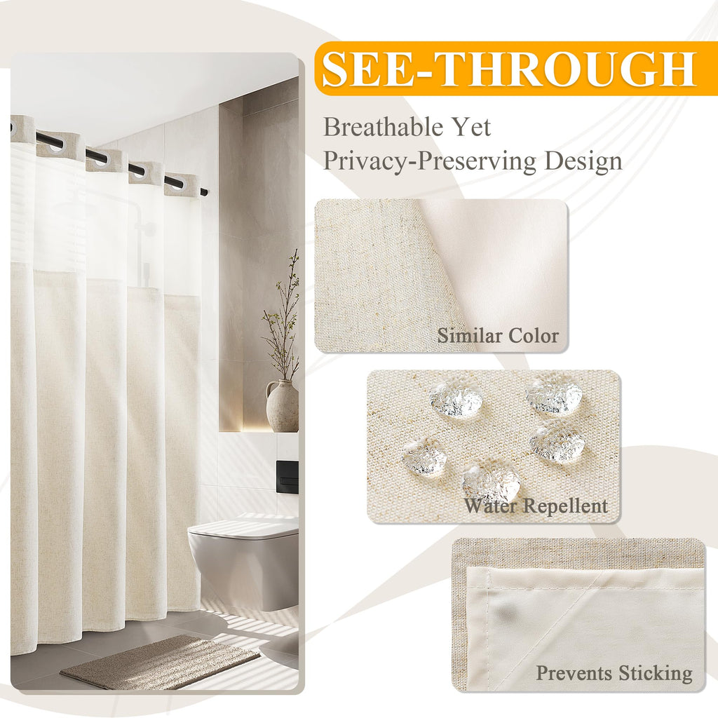 No Hooks Natural Linen Fabric Shower Curtains 75 Inches