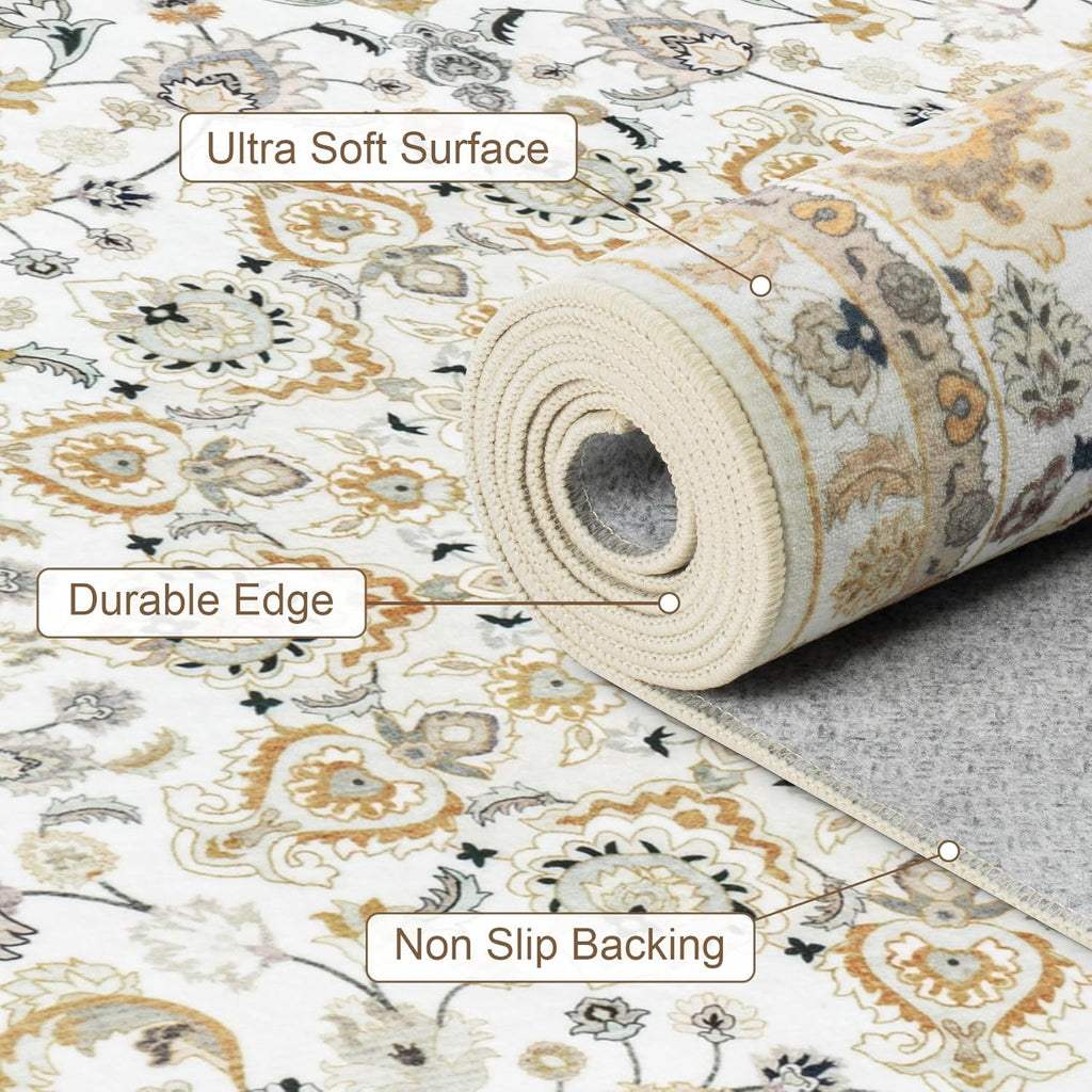 5x7 Area Rugs Living Room Rug: Washable Vintage Boho Rug No Slip Stain Resistant Soft Carpet Indoor Floor Floral