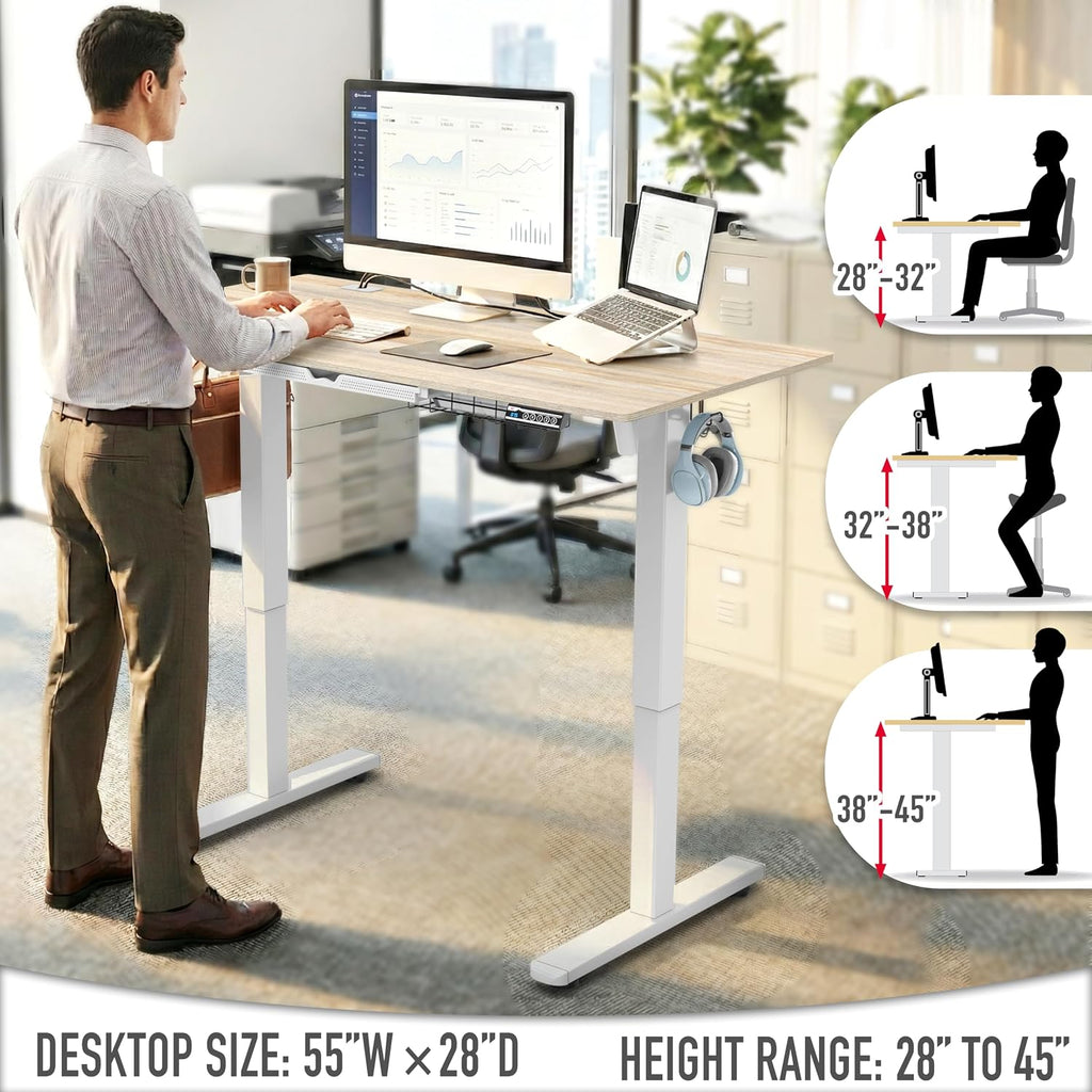 55 x 28 Electric Height Adjustable Standing Desk w/Drawer, Maple | w/ Memory Presets and Cable Management | Drawer