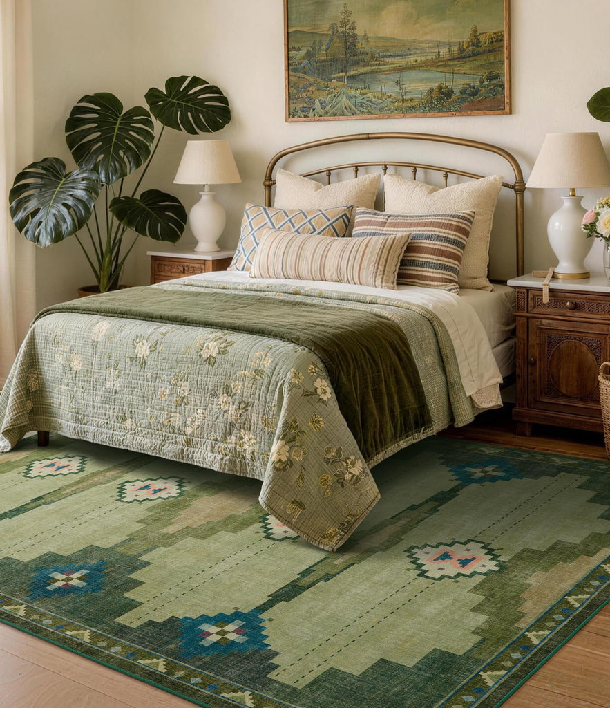 Washable Green Mid Century Modern Area Rug