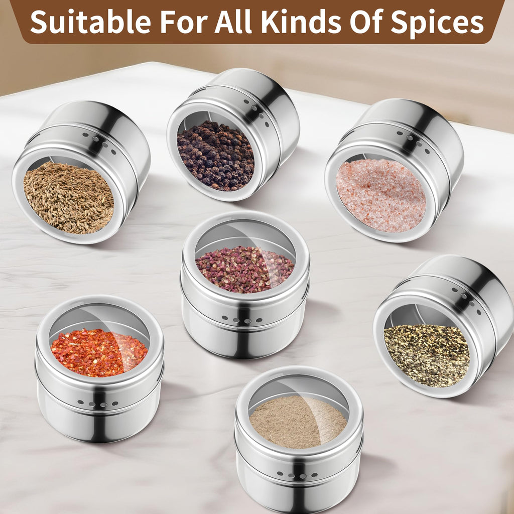 12pcs Stainless Steel Spice Jars, Magnetic Condiment Tins Magnetic Spice Jar With Clear Lid And Holes Sift&Pour