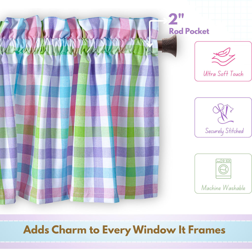 Gingham Window Kitchen Curtains, 2 Pack, Multicolor, 54x18 Inches, Rod Pocket, Semi Sheer, Decorative Valance Topper