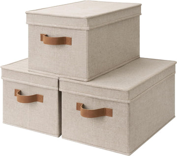 Fabric Storage Bins with Lids, Decorative Storage Bins with PU Handles, Foldable Storage Baskets for Closet, Shelves