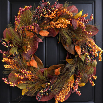 20 inch Thanksgiving Wreath Magnolia Leaves with Pine Needle Yellow Berry Wreath for Front Door Harvest Festival