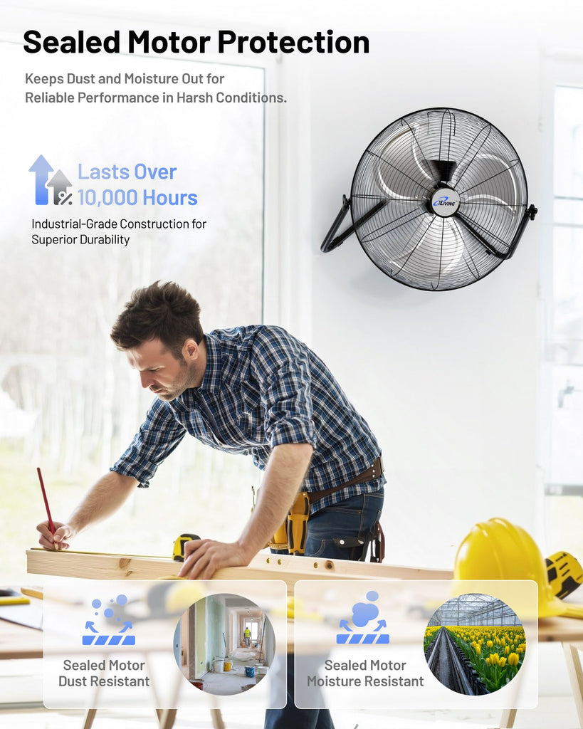20 Inch Heavy Duty Floor & Wall Mount Fan - 5750 CFM High Velocity, 120-Watt, 3-Speed, Industrial Cooling for Garage