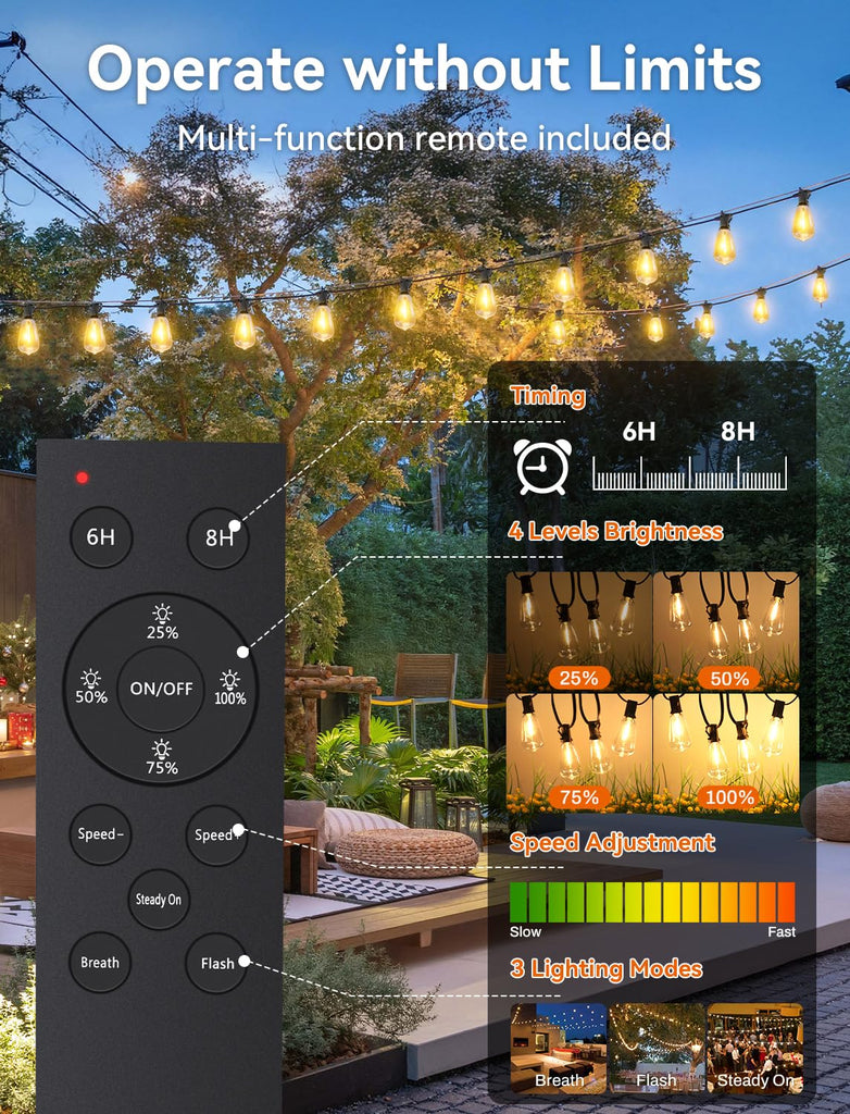 Solar String Lights Outdoor Waterproof with Remote, 36+2 Shatterproof ST38 LED Bulbs, Dimmable Patio Lights