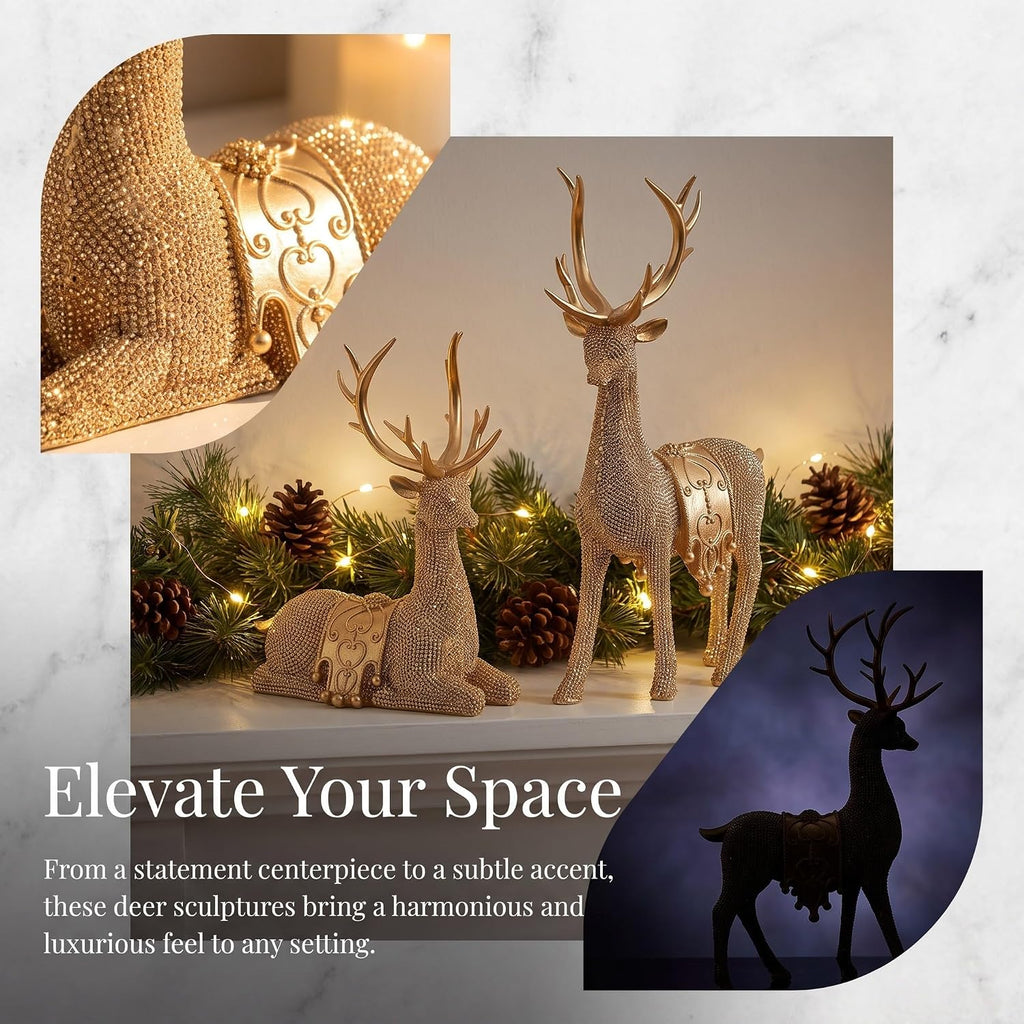 Xmas Deer Statue Set Decoration, Golden Resin