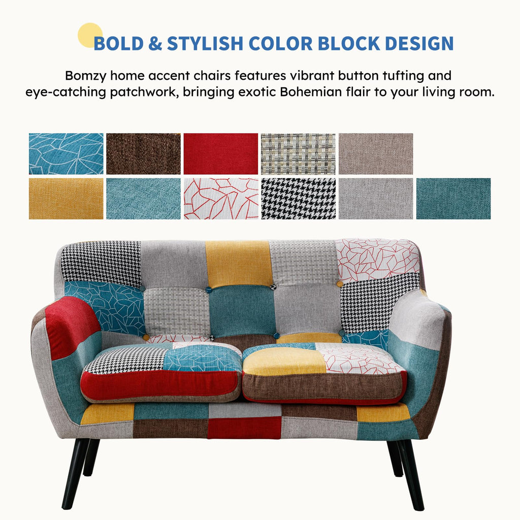 Modern Boho Loveseat Couch Sofa Chair Bedroom, Upholstered Colorful Plaid Fabric 2-Seat Love Seat Sofa with Wood Leg