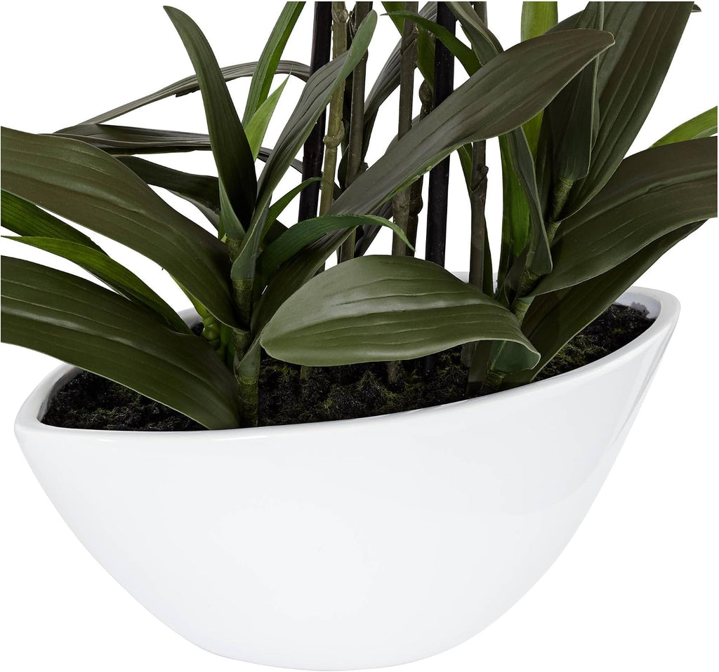 Potted Silk Faux Artificial Flowers Arrangement Realistic Pink Orchid in White Ceramic Oval Pot for Cottage Core Home