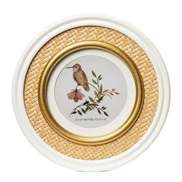 5x5 White & Glod Round Picture Frame with Rattan Trim, Solid Wood with Real Glass, Matted to 4x4, Display Photos