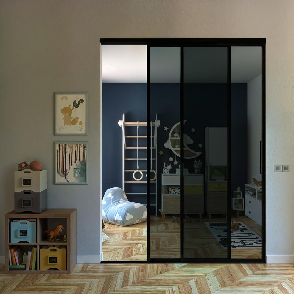 Glass Room Divider and Sliding Glass Closet Doors - Smoked Frosted Partition Wall - Clear, Smoked an
