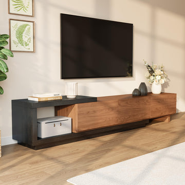 Extendable TV Stand for 65-100 Inches TVs - Black and Walnut Entertainment Console with 3 Drawers & 1 Storage