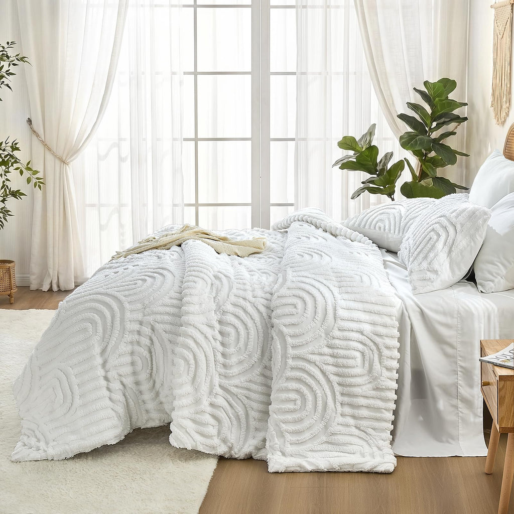 Boho Tufted Comforter Set, 7 Pieces White Bedding Sets